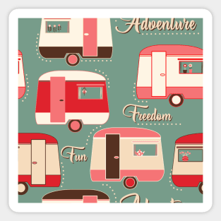 Repeat pattern of cute vintage caravans in retro colours pinks on teal Sticker